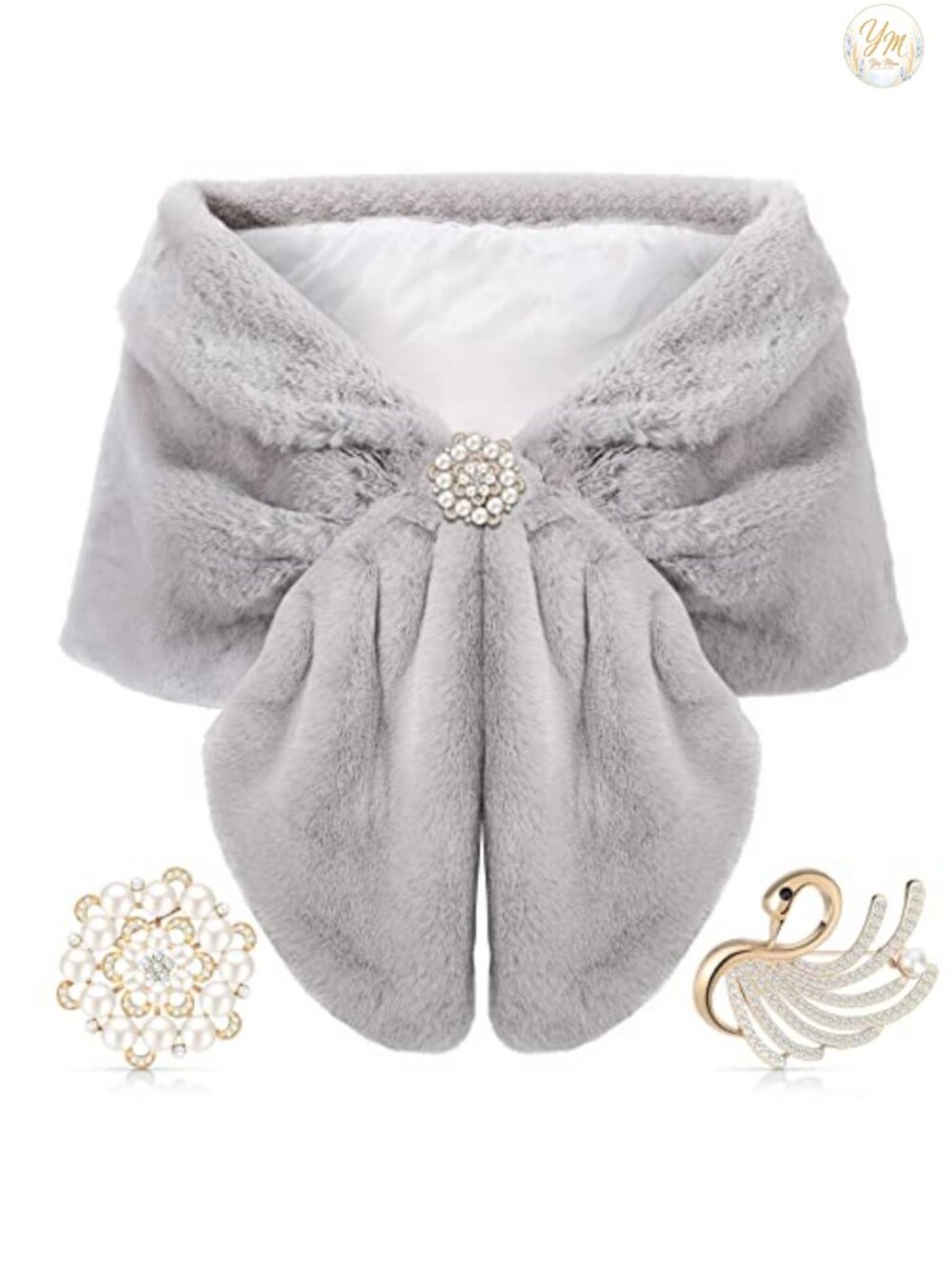 Faux Fur Shawl Wrap with 2 Pearl Rhinestone Brooches Bridal Wedding Winter Scarf